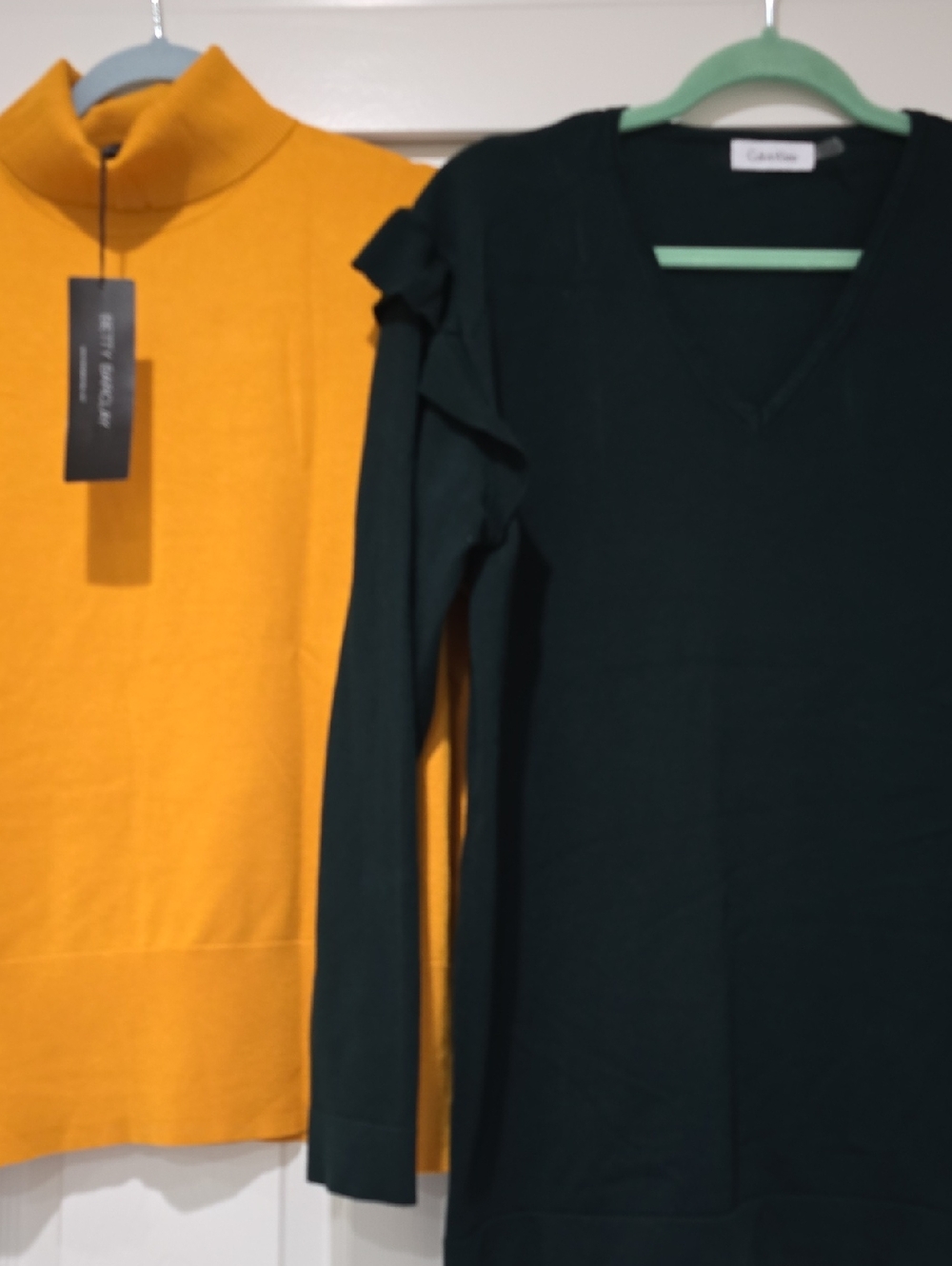 Mustard Color Turtleneck Sweater And Dark Green V-Neck Sweater Duo